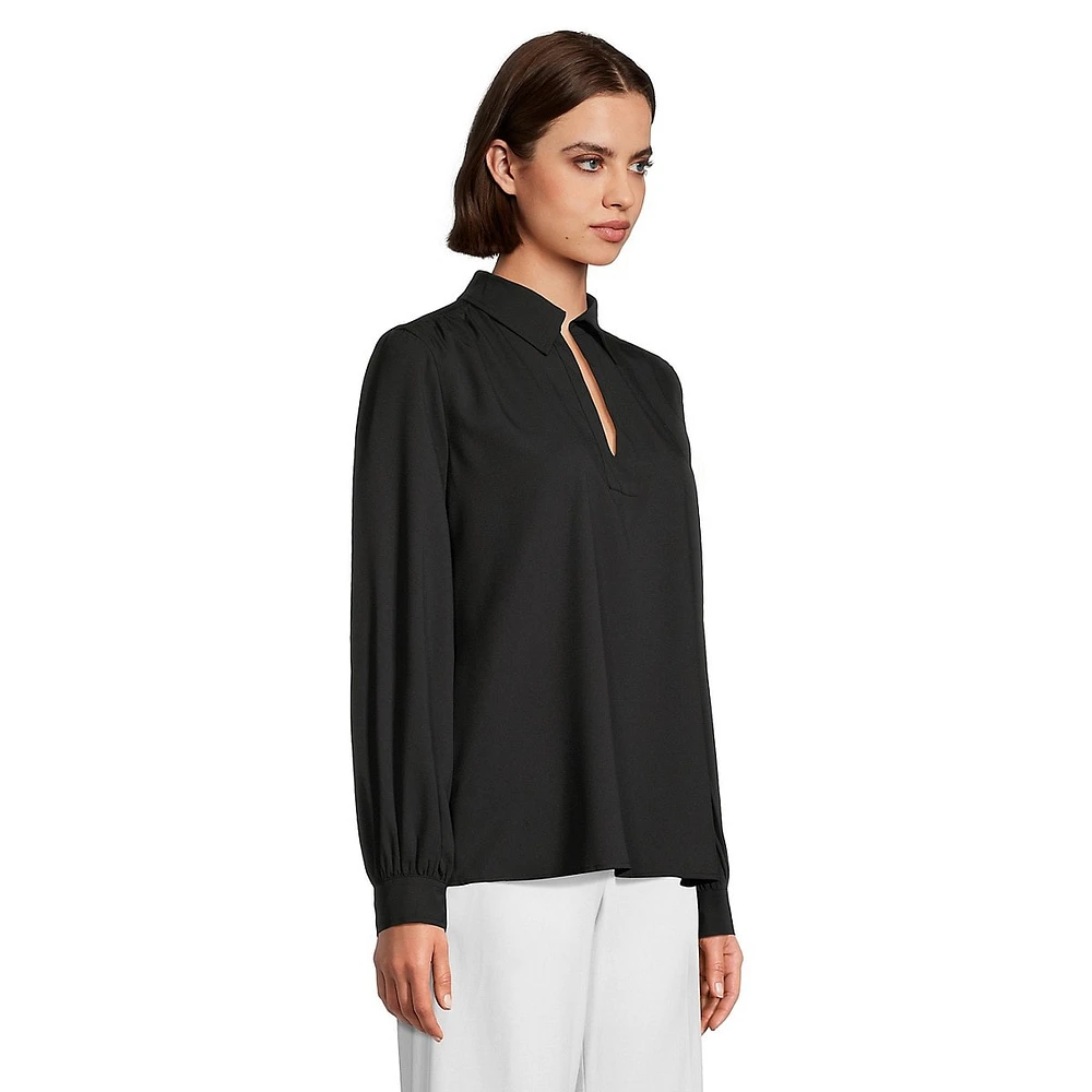 Johnny-Collar Long-Sleeve Popover Blouse