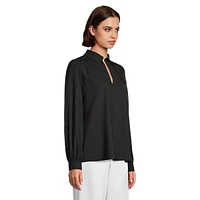 Johnny-Collar Long-Sleeve Popover Blouse