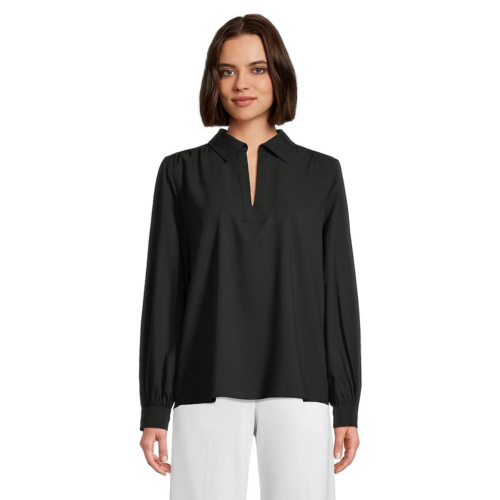 Johnny-Collar Long-Sleeve Popover Blouse