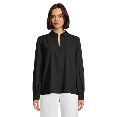 Johnny-Collar Long-Sleeve Popover Blouse