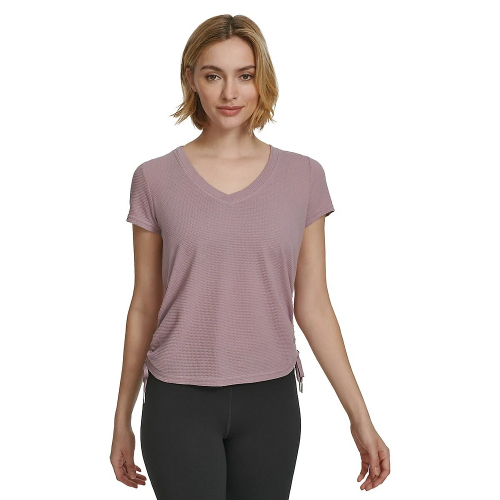 Ruched Side-Tie Piqué Mesh Top