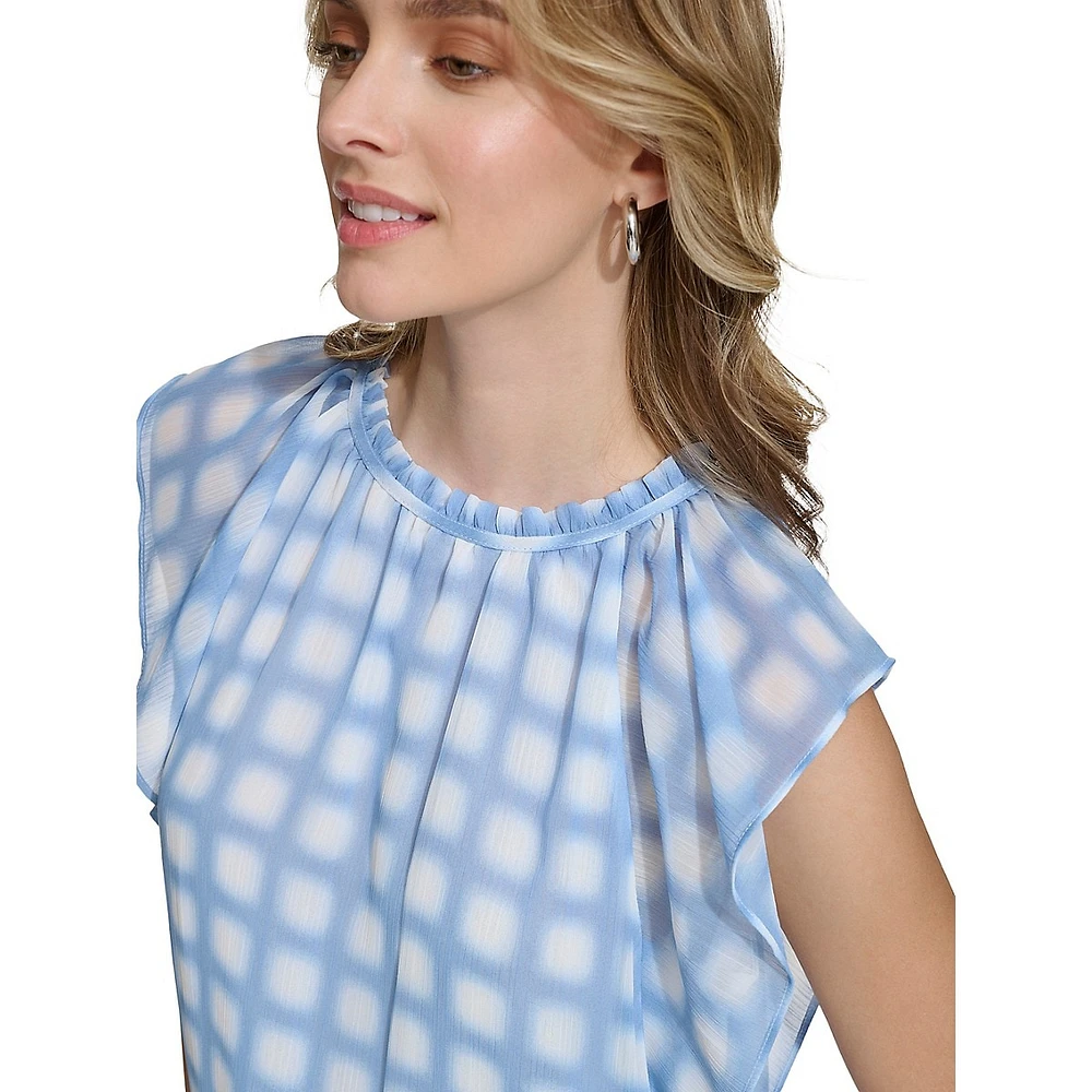 Printed Chiffon Cap-Sleeve Ruffled Blouse