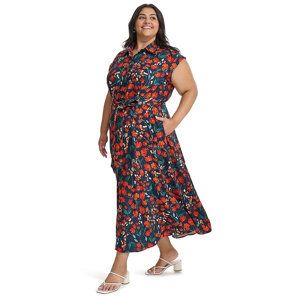 Plus Floral Dot Crepe Maxi Shirt Dress