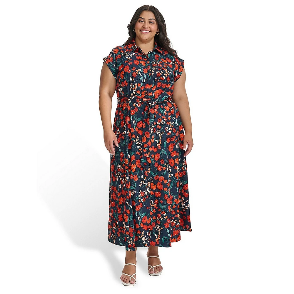 Plus Floral Dot Crepe Maxi Shirt Dress