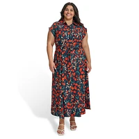 Plus Floral Dot Crepe Maxi Shirt Dress