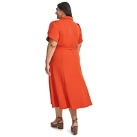 Plus Belted Tulip-Sleeve Midi Shirt Dress