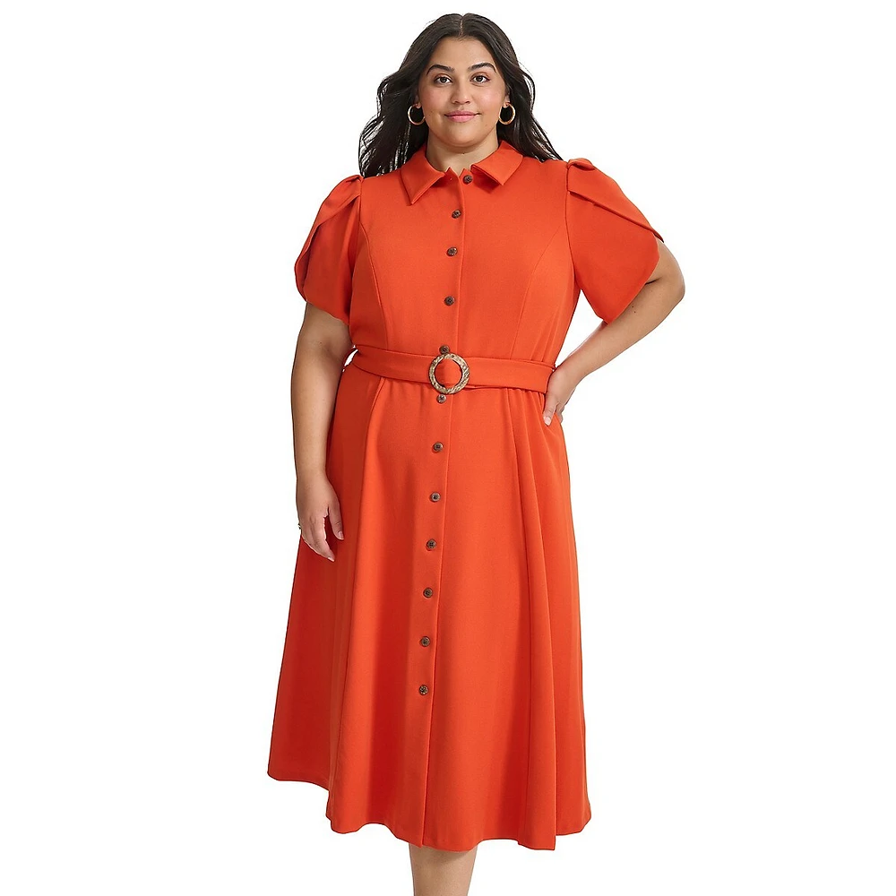 Plus Belted Tulip-Sleeve Midi Shirt Dress