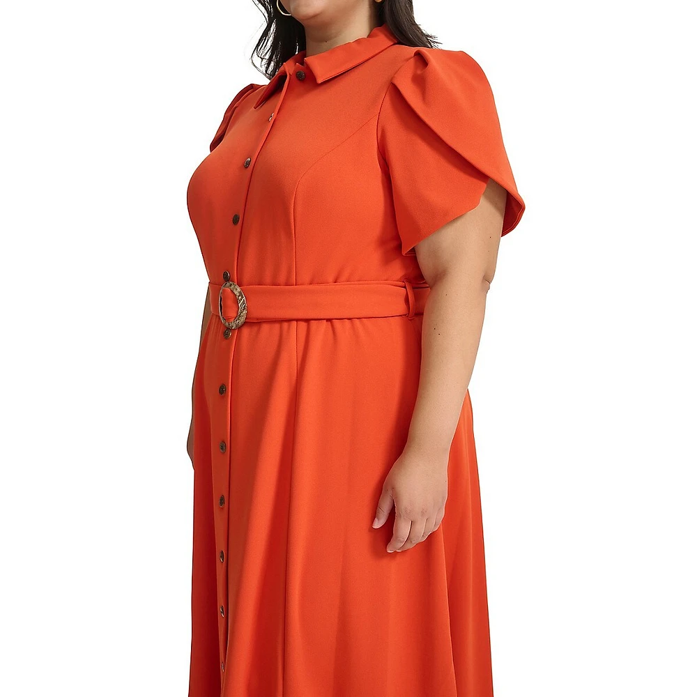 Plus Belted Tulip-Sleeve Midi Shirt Dress