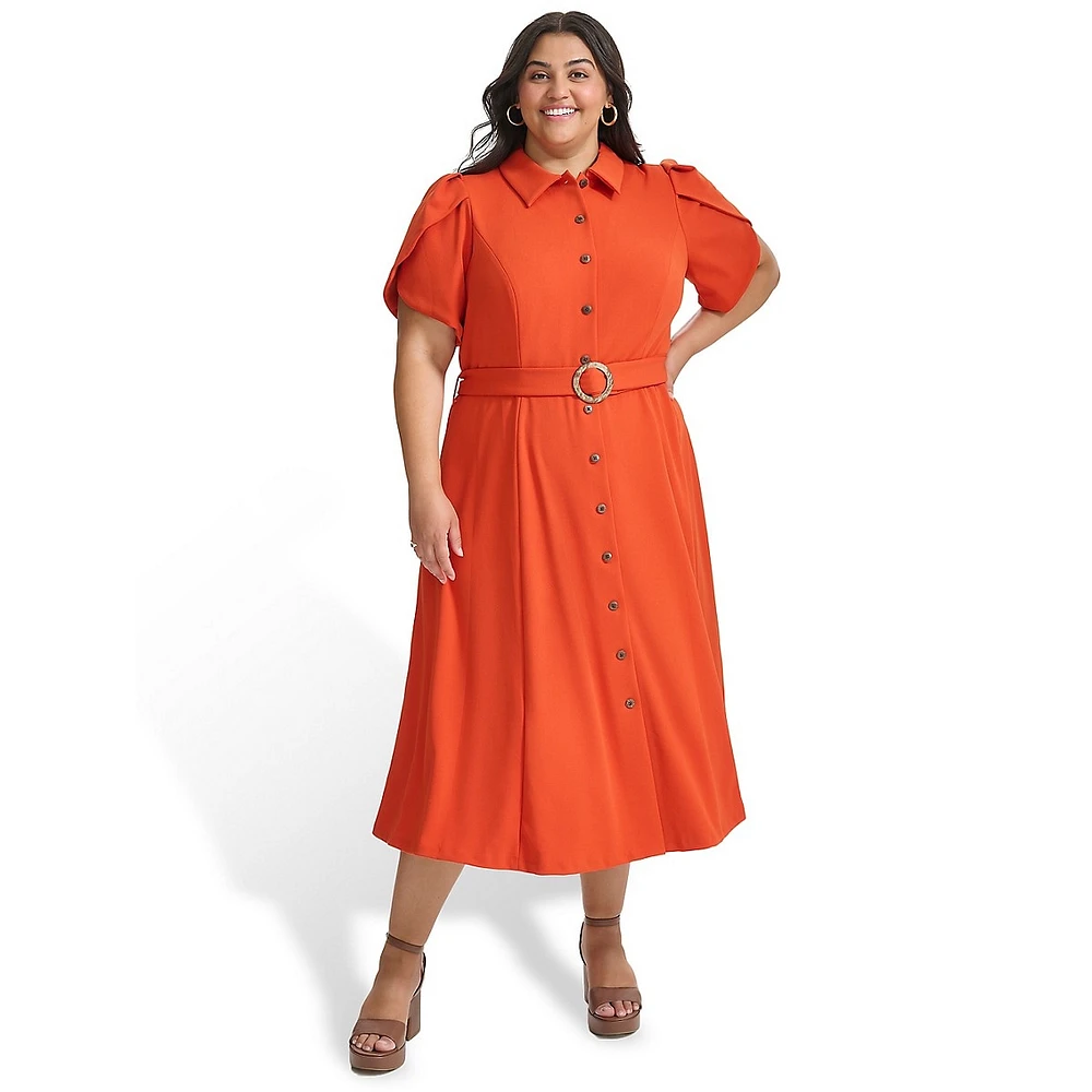 Plus Belted Tulip-Sleeve Midi Shirt Dress