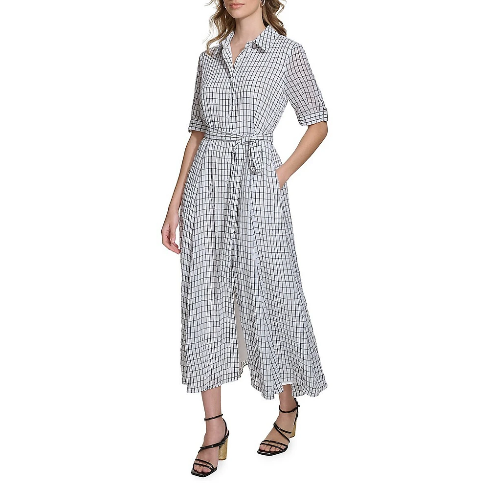 Checkered Self-Tie Midi Shirtdress