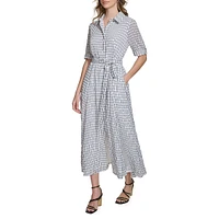 Checkered Self-Tie Midi Shirtdress