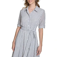 Checkered Self-Tie Midi Shirtdress