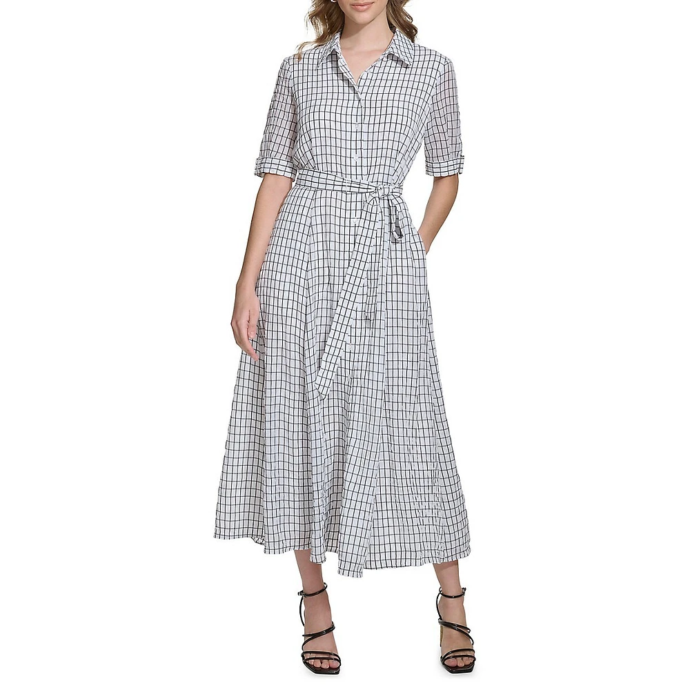 Checkered Self-Tie Midi Shirtdress