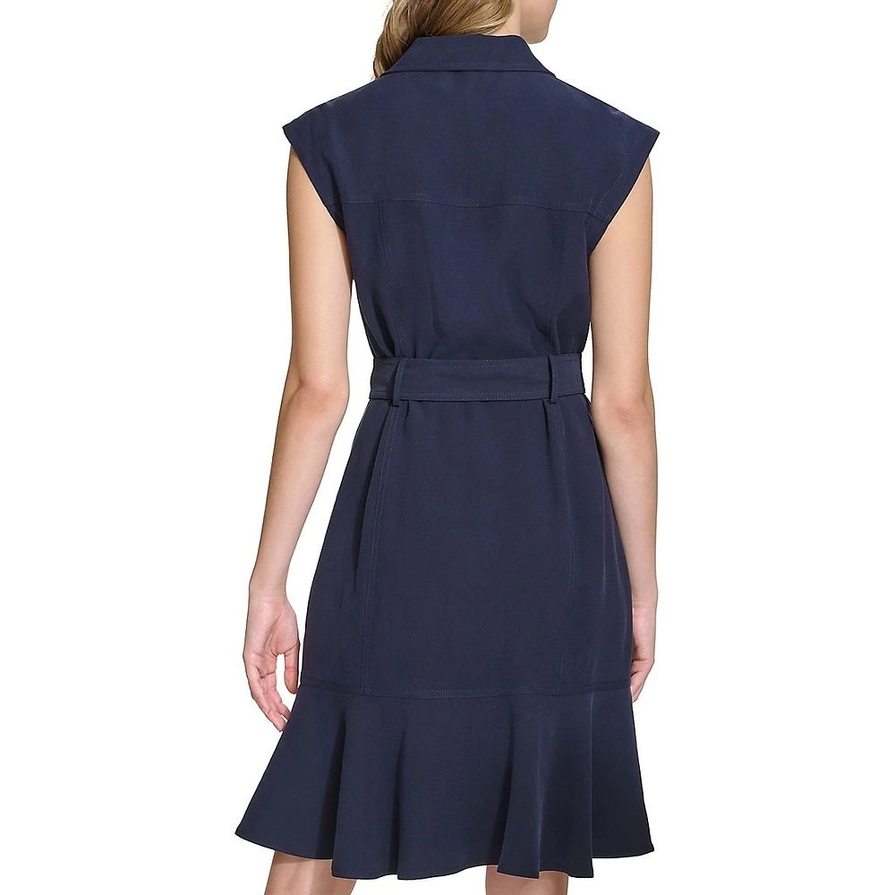 Ruffle-Hem Tied Sleeveless Shirtdress