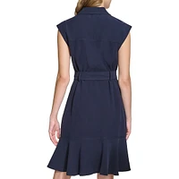 Ruffle-Hem Tied Sleeveless Shirt Dress