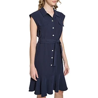 Ruffle-Hem Tied Sleeveless Shirtdress