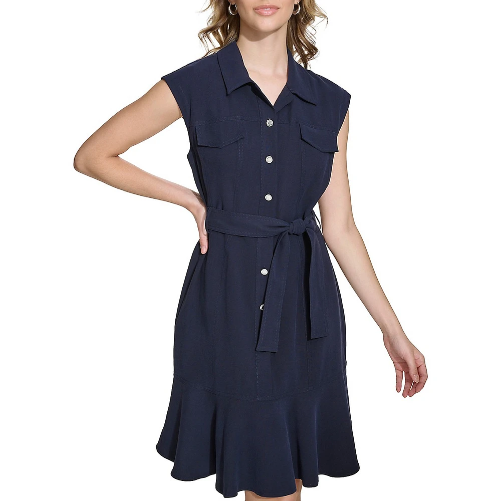 Ruffle-Hem Tied Sleeveless Shirtdress