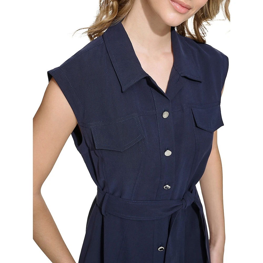 Ruffle-Hem Tied Sleeveless Shirtdress