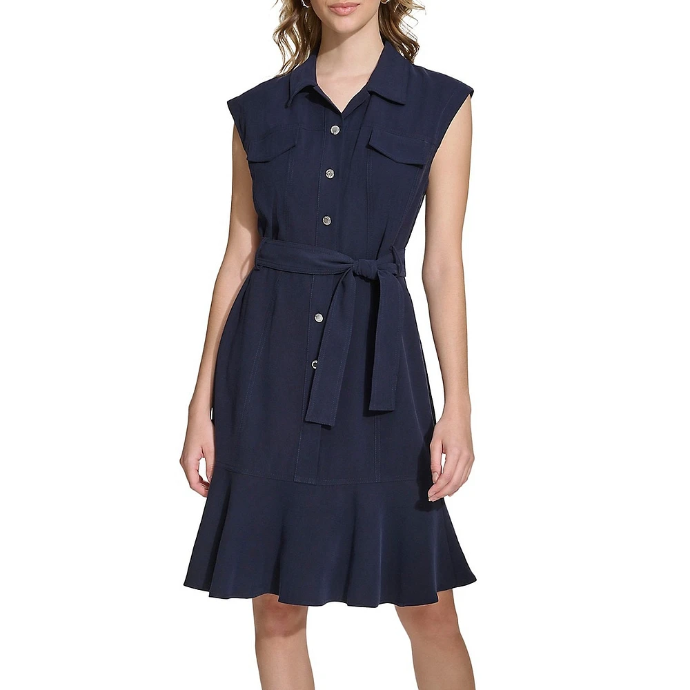 Ruffle-Hem Tied Sleeveless Shirtdress