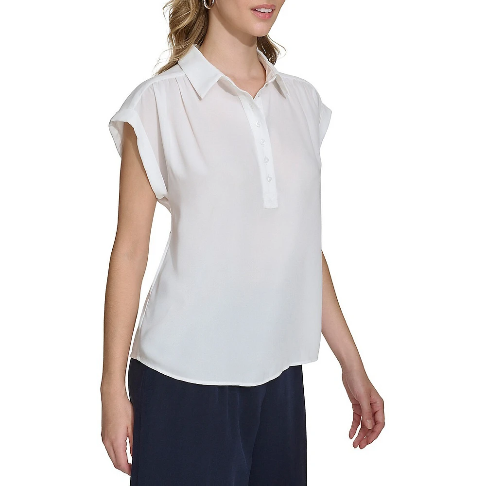 Collared Cap-Sleeve Blouse