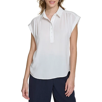 Collared Cap-Sleeve Blouse