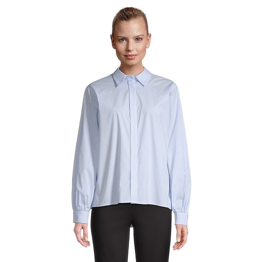 Pinstriped Covered-Button Stretch-Cotton Shirt