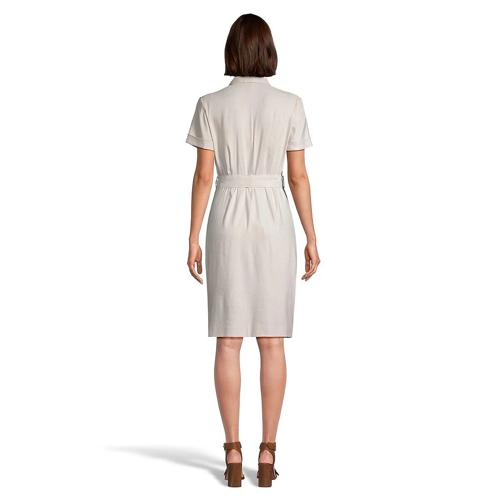 Short-Sleeve Linen-Blend Sheath Shirt Dress