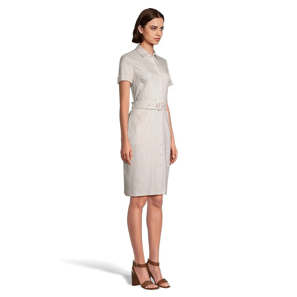 Short-Sleeve Linen-Blend Sheath Shirt Dress