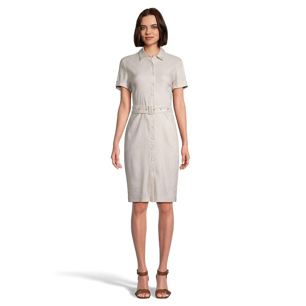 Short-Sleeve Linen-Blend Sheath Shirt Dress