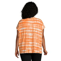 Plus Printed Mixed-Media V-Neck Lantern-Sleeve Blouse