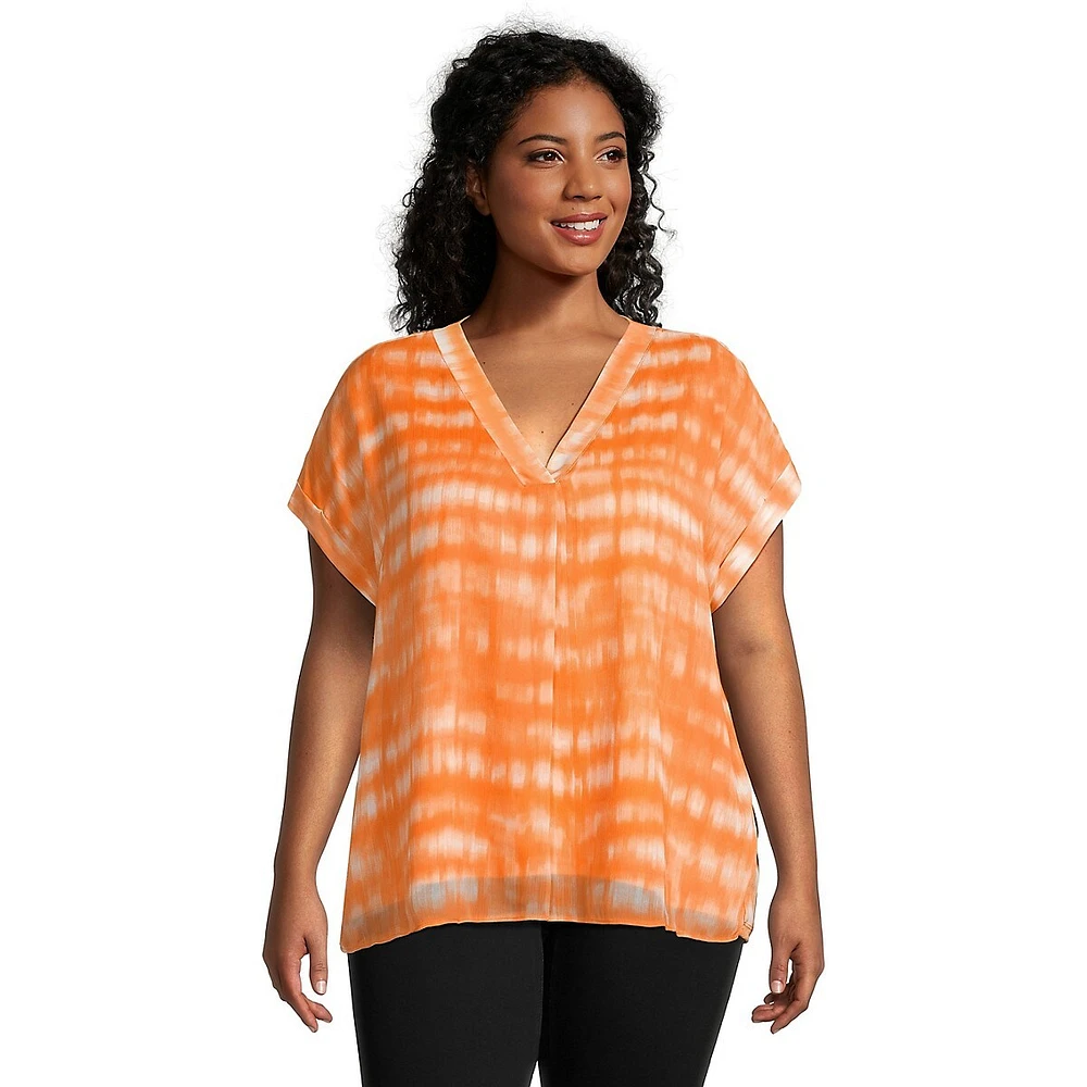 Plus Printed Mixed-Media V-Neck Lantern-Sleeve Blouse