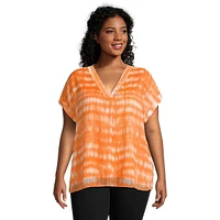 Plus Printed Mixed-Media V-Neck Lantern-Sleeve Blouse