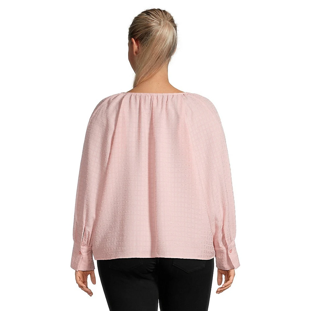 Plus Textured V-Neck Long Raglan-Sleeve Blouse