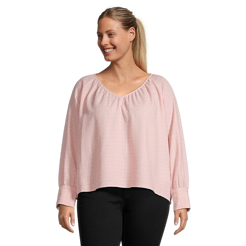 Plus Textured V-Neck Long Raglan-Sleeve Blouse