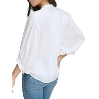 Shirred Three-Quarter Puff-Sleeve Blouse