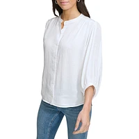 Shirred Three-Quarter Puff-Sleeve Blouse