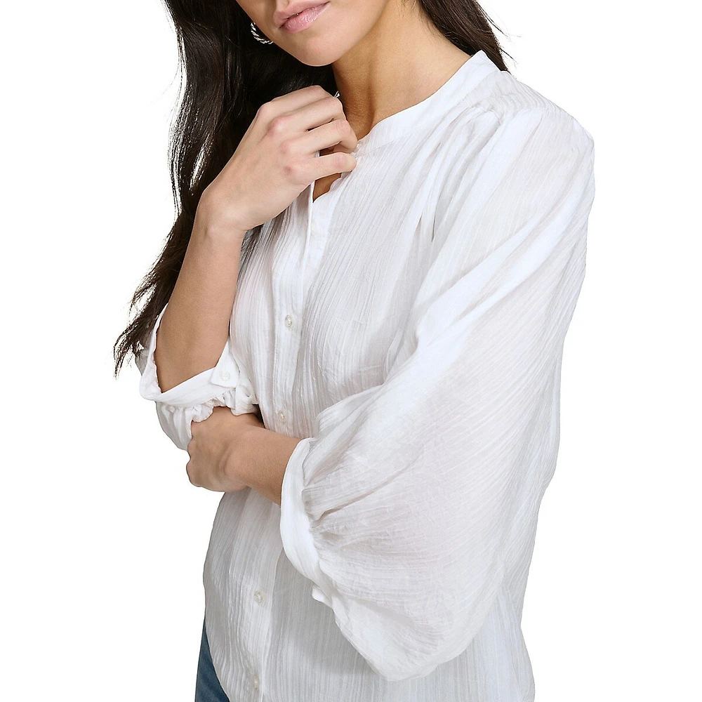 Shirred Three-Quarter Puff-Sleeve Blouse