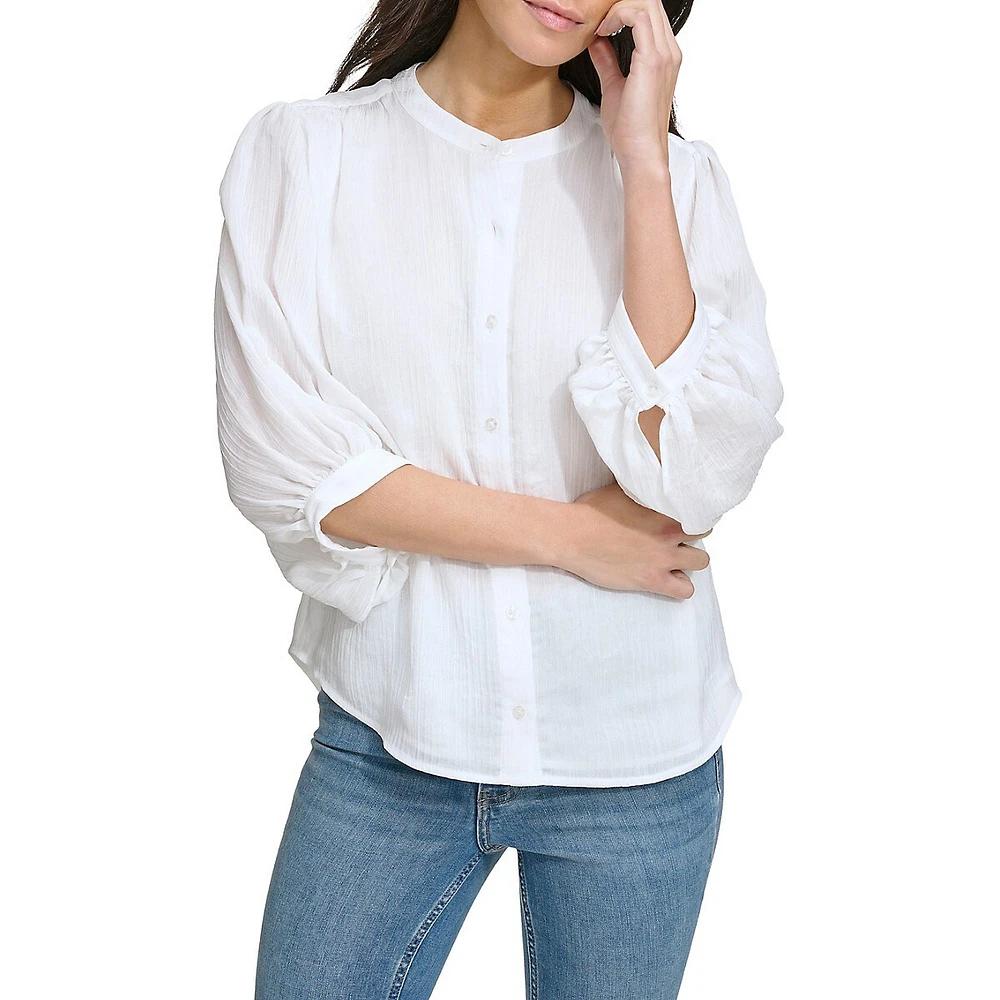 Shirred Three-Quarter Puff-Sleeve Blouse