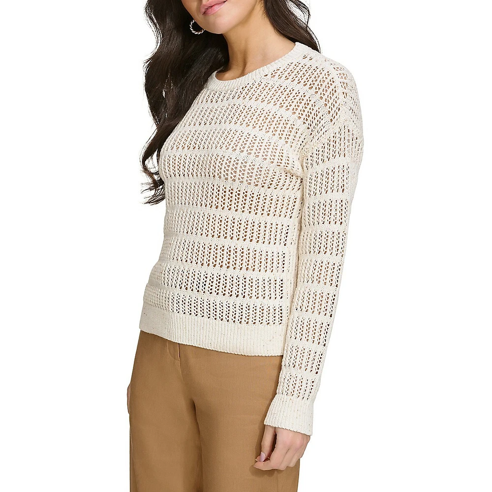 Open-Stitch Cotton Crewneck Sweater