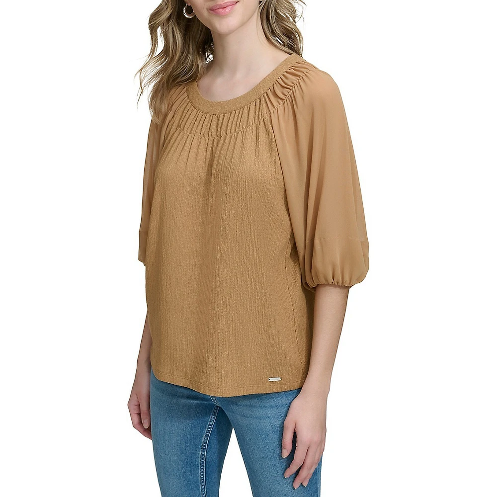 Lantern-Sleeve Textured Top