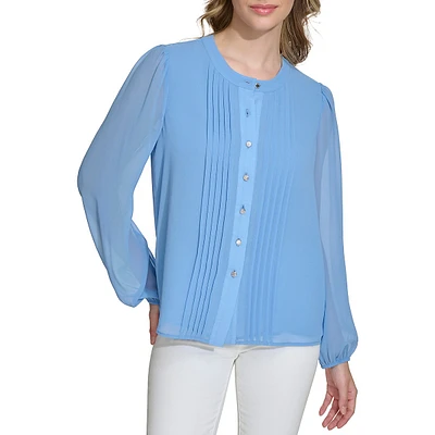 Pleated Chiffon Long-Sleeve Button-Up Blouse