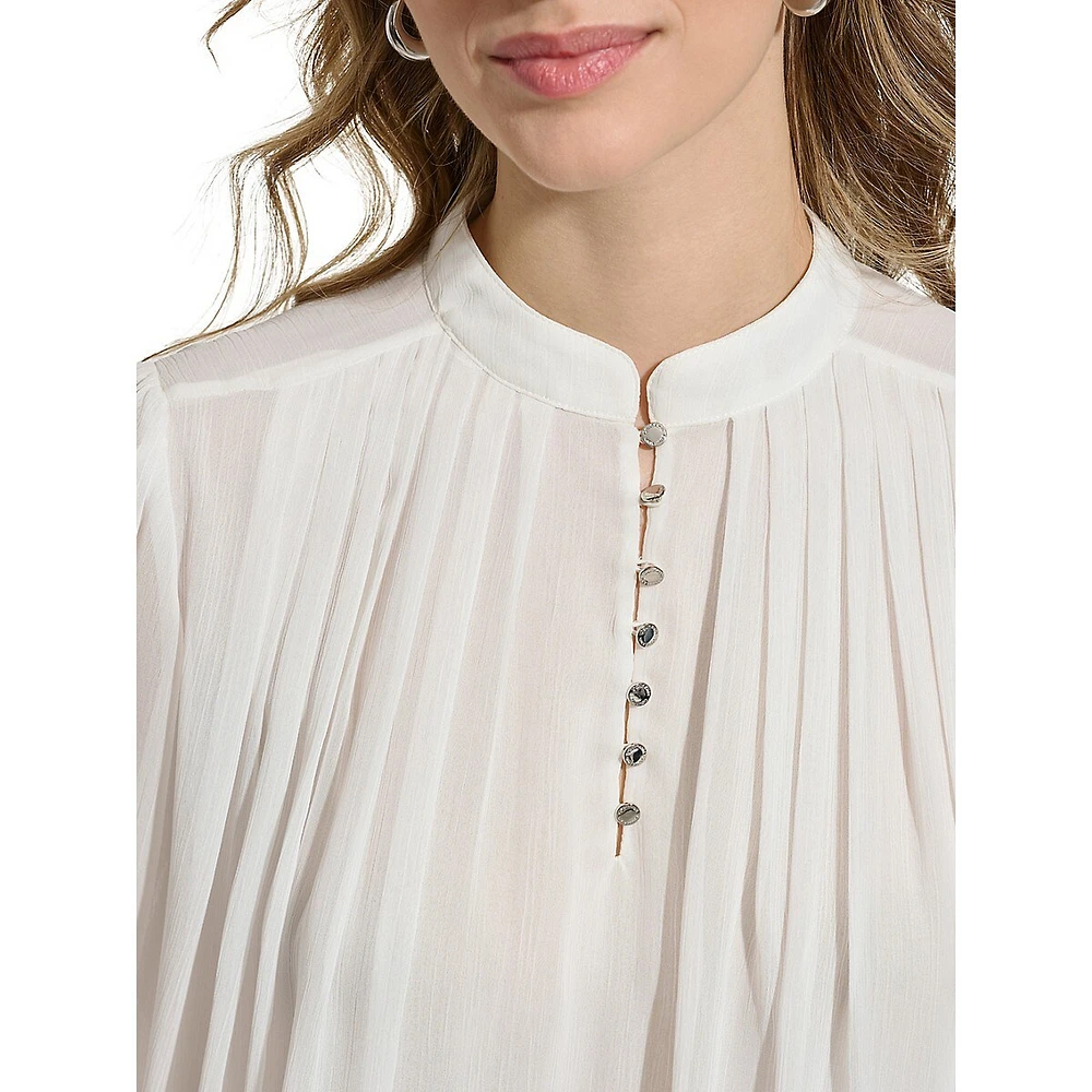 Pintucked Chiffon Banded-Collar Blouse