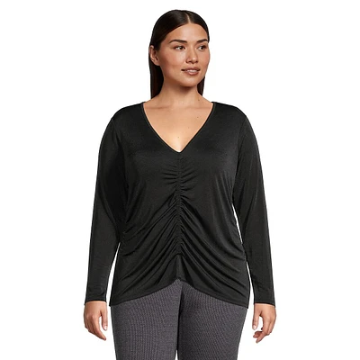 Plus Gathered-Front V-Neck Long-Sleeve Top