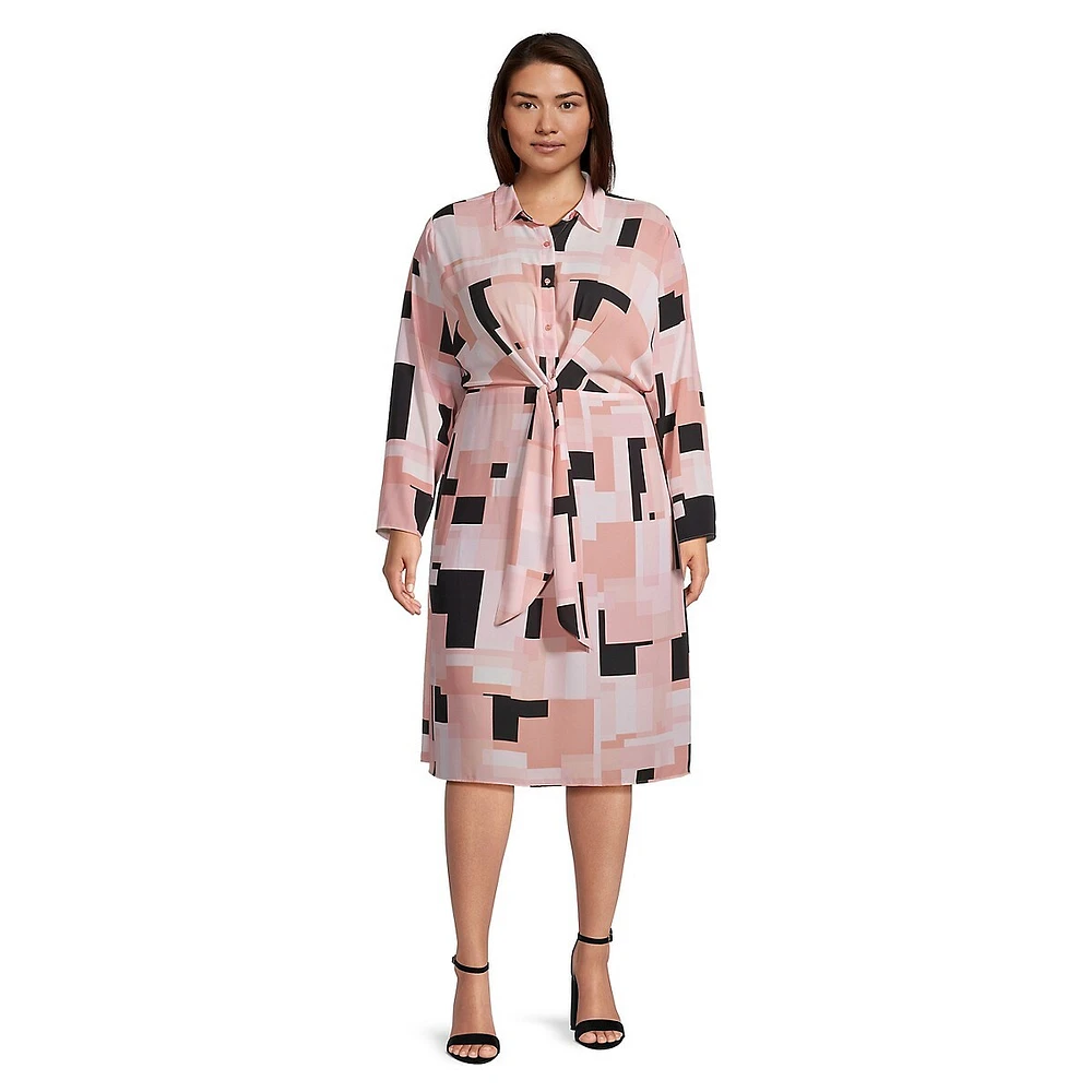 Plus Printed Tie-Front Collared Midi Dress