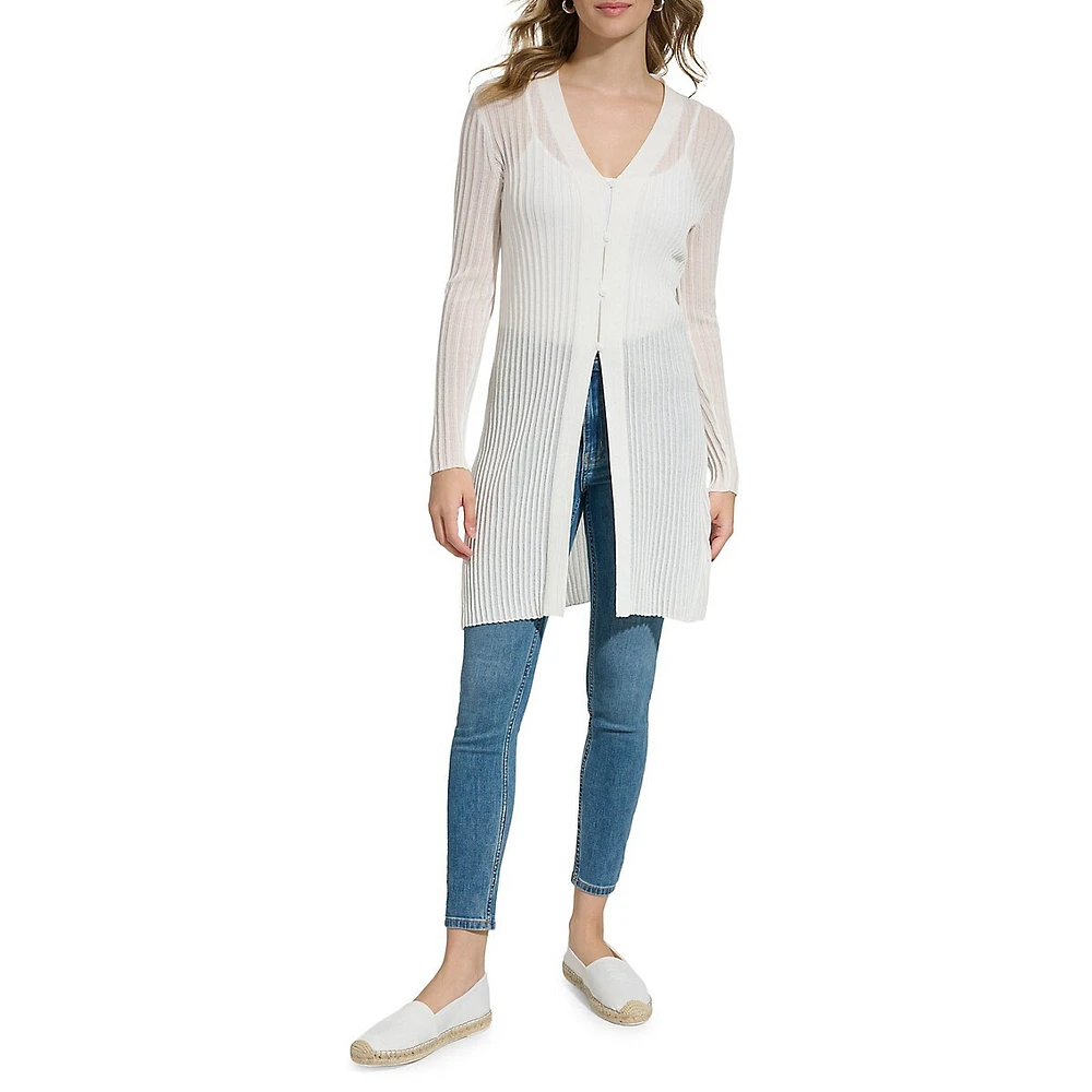 Sheer Ribbed Longline Cardigan