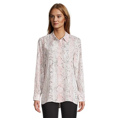 Printed Concealed-Button High-Low Shirt