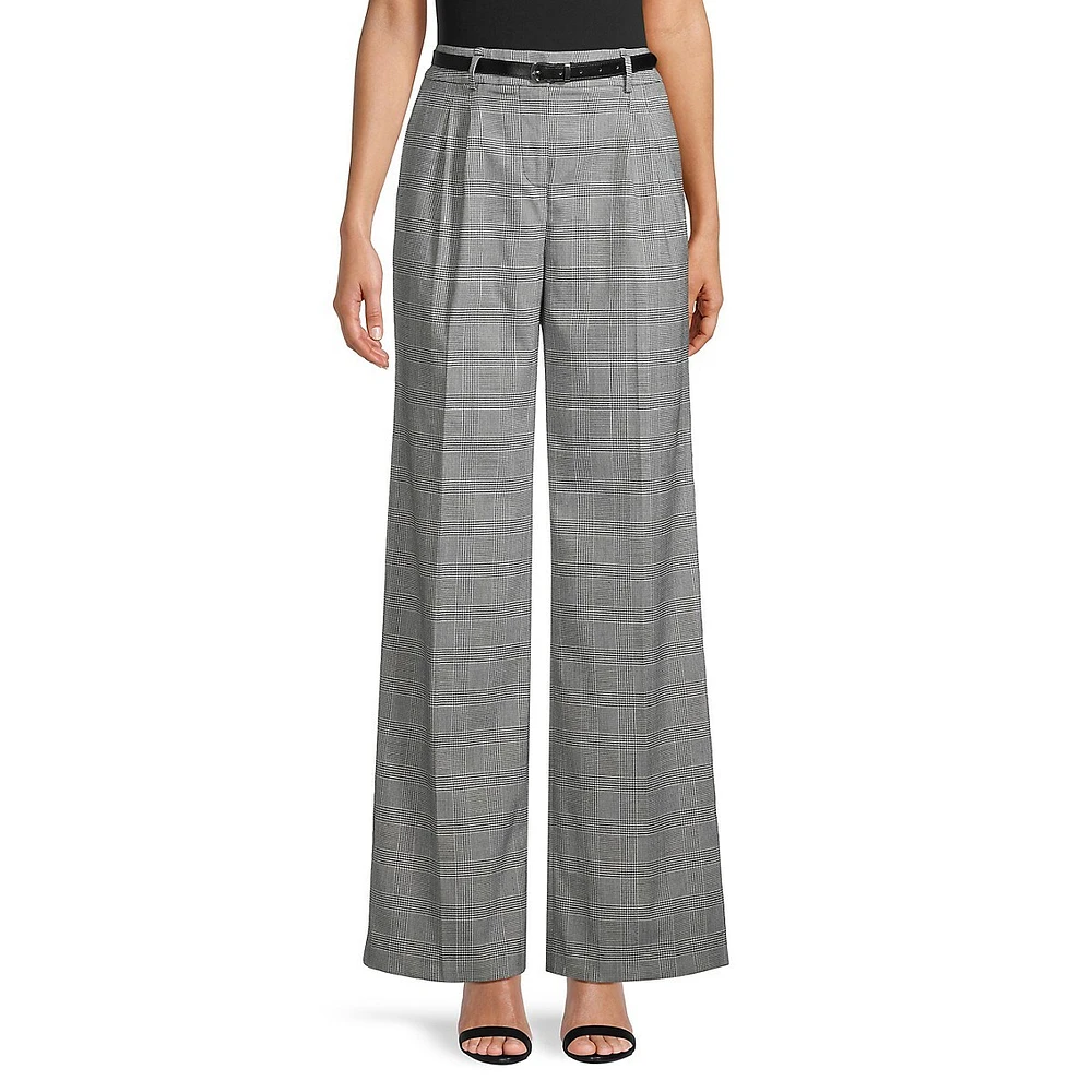 Glen Plaid Pleated Wide-Leg Trousers