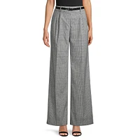 Glen Plaid Pleated Wide-Leg Trousers