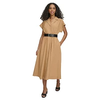 Short-Sleeve Belted Midi Shirtdress