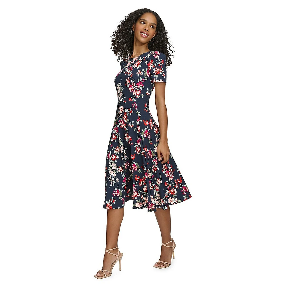 Floral Scuba Crepe Fit-&-Flare Midi Dress